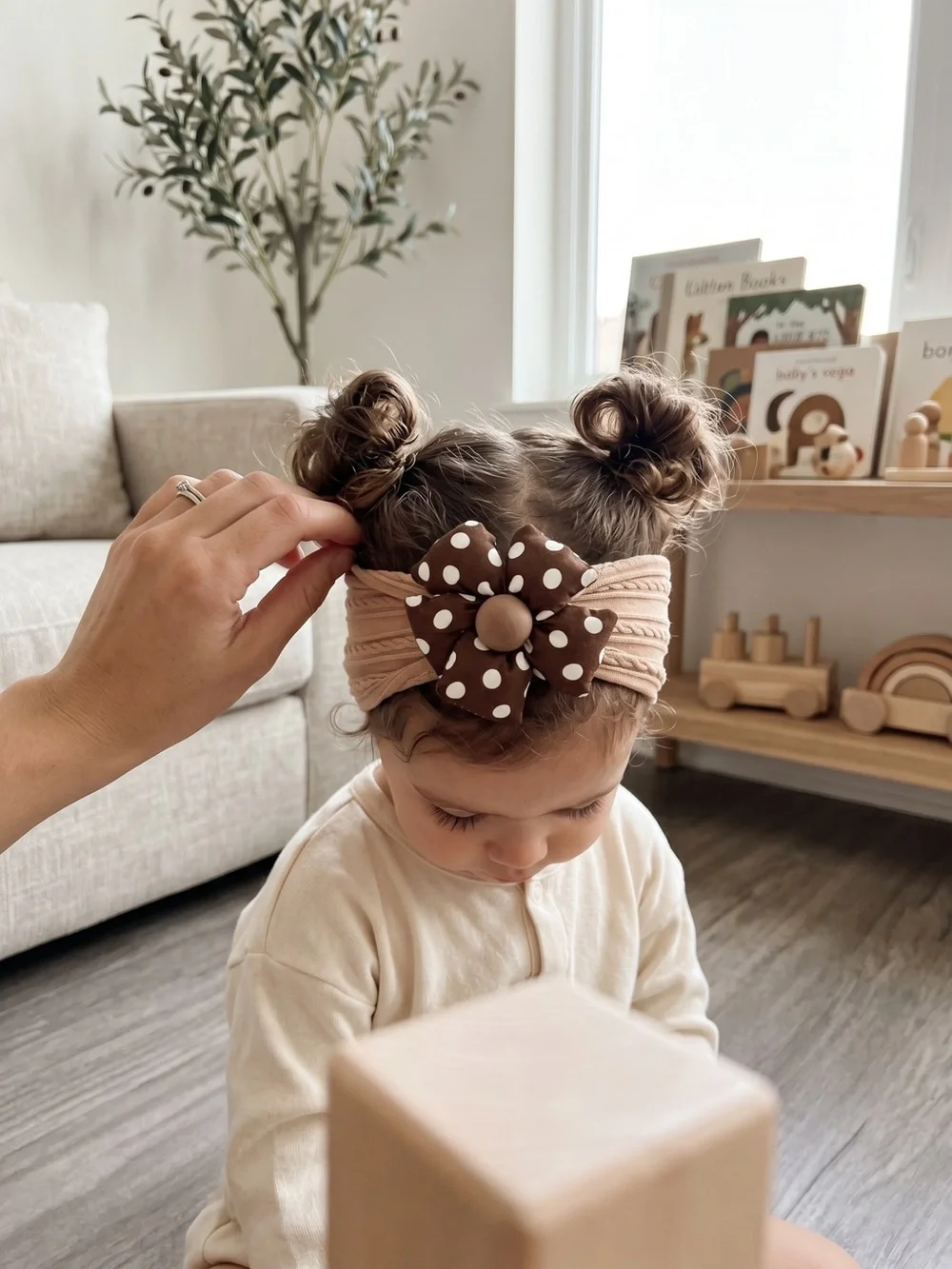 Handmade Baby/Toddler Cable Knit Turban Headwrap with Polka Dot Flower